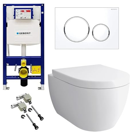 Alpenberger Hänge WC Komplettset | Wand WC | Bidet WC Spülrandlos | Kloschüssel mit WC Spülkasten Bausatz Betätigungsplatte | Vorwandelement WC Set Komplett | Passend Geberit (7101 U)