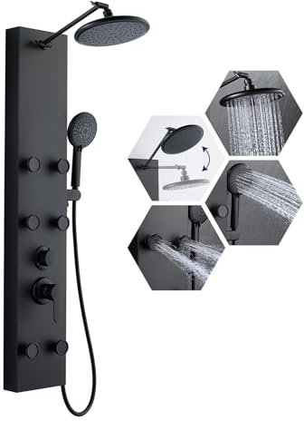 ROVATE Shower Panel Tower System with Adjustable Rainfall Shower Head, Matte Black Shower Tower with 6 Body Massage Jets and 5 Functions Handheld, Stainless Steel Shower Column Wall Mounted