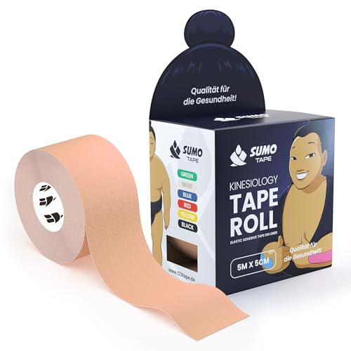 Sumo Tape® Kinesiotape Rolle wasserfest & hautfreundlich - Elastisches Kinesiologie Tape 5m x 5cm in 4 bunten Farben und extra starkem Halt - Medizinisches Kinesiotape, Sport Physio Tapes (Beige)