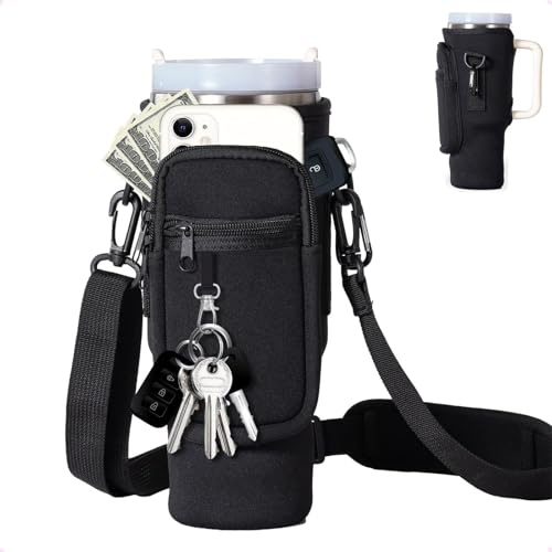 Whcctl Tragetasche für Stanley Cup 40oz, Flaschenhalter mit Tasche, Stanley Cup Zubehör, Stanley Cup Accessories, Stanley Cup Tasche mit Riemen und Telefontasche, für Laufen und Radfahren, Schwarz