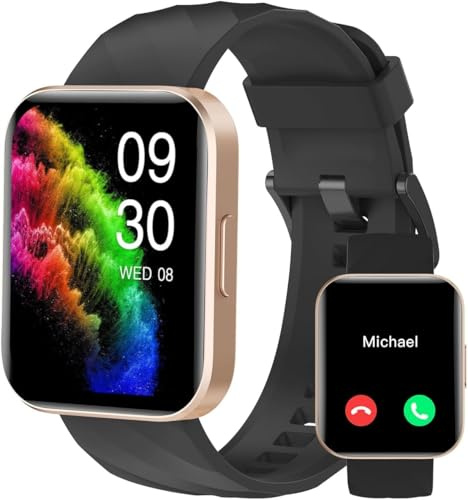 RUIMEN Montre Connectée Homme Smartwatch avec Appel Bluetooth Montre Sport Waterproof avec Podometre Cardiofrequencemetre Oxymetre Multisport Chronometre Notification SMS/Appel (Black Gold)