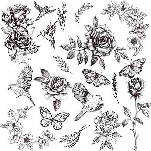 CHARLENT Realistische Blumen Temporäre Tattoos für Damen, schwarze Motive | Wasserfeste Fake Tattoos mit Rose, Schwalbe, Schmetterling und Pfingstrose, elegante Body Art für Gesicht, Hand und Arm