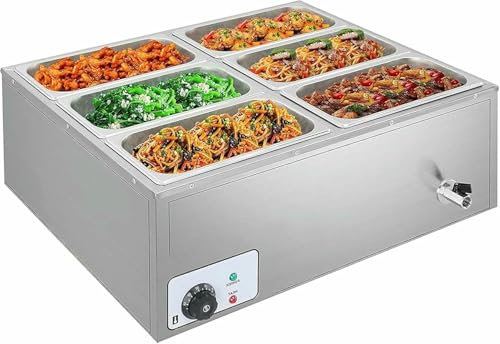 VNNHGB Chauffe-Plats électrique Professionnel 6 casseroles, 850 W, en Acier Inoxydable, Grande capacité, 7 L, pour Buffet, Restauration, Plage de réglage 30-85 °C ~/