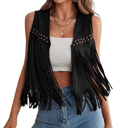 Edhomenn Womens Fringe Cowboy Waistcoat Ladies Faux Suede Tassel Jacket Sleeveless Cowgirl Vest Denim Gilet Western Hippie Outfit (02 Black, M)