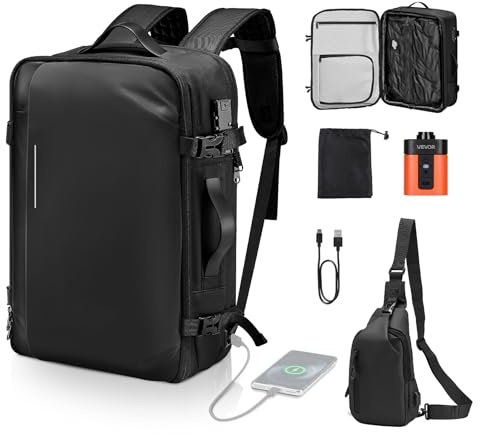 VEVOR Sac à Dos Voyage sous Vide, 65 L, Sac à Dos à Compression sous Vide Extensible, avec Pompe, Serrure Homologuée TSA, Plusieurs Compartiments, Bretelles Rembourrées, pour Voyages d'affaires, Noir