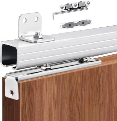 EXCLURA Kit Porte Coulissante Rails de Porte de Grange avec Support de Montage Mural, Rail de Porte Coulissante et Système de Roulement, Kit de Quincaillerie de Porte Escamotable(Silver,0.7m(2.3ft))