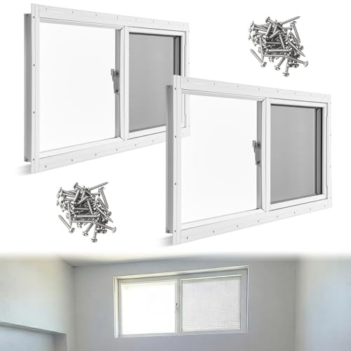 Kathfly 2 Pack Basement Home Window 32 x 14 Mini Basement Windows Replacement with Glass Block Screen and Screws for Home Sheds Barns (White)