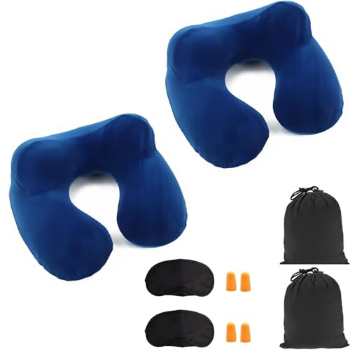 Constefire Cuscino da Viaggio Gonfiabile a 2 Supporti,Cuscino per il Collo Ergonomico con Tappi per le Orecchie e Maschera per gli Occhi Ideale per viaggiare in aereo,auto e treno (2PCS blu)