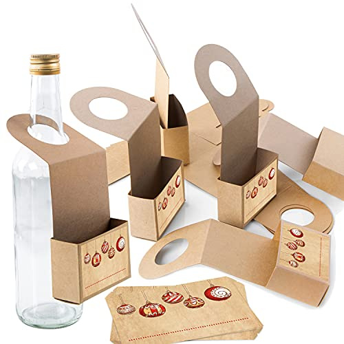 Logbuch-Verlag 10 weihnachtliche Flaschenanhänger aus Kraftpapier zum Befüllen + Weihnachtsaufkleber - Weihnachten Verpackung braun rot zum Beschriften
