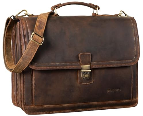 STILORD Thaddäus Vintage Aktentasche Lehrertasche Umhängetasche Leder Große Businesstasche mit 14 Zoll Laptop-Fach Dreifachtrenner Schloss und Schlüssel Farbe:Kara - Cognac
