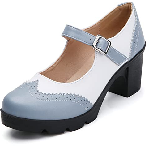 DADAWEN Women's Chunky Low Block Heels Mary Jane Closed Toe Work Pumps Comfortable Round Toe Oxfords Dress Wedding Shoes Grey/White US Size 10