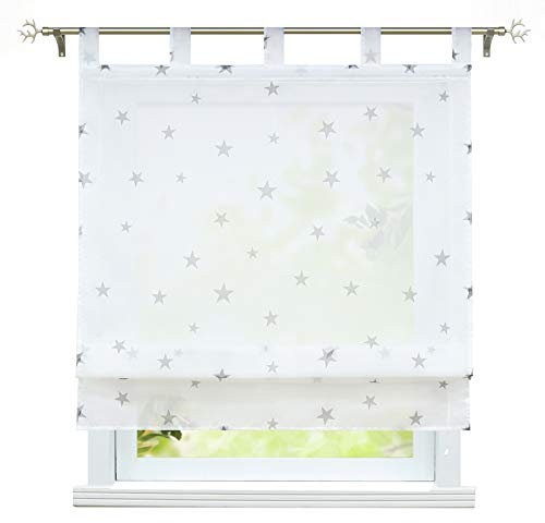ESLIR Raffrollo mit Schlaufen Gardinen Küche Raffgardinen Voile Transparent Schlaufenrollo Modern Vorhänge mit Sterne Muster Grau BxH 60x140cm 1 Stück