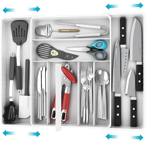 Simple Houseware Expandable & Adjustable Cutlery Drawer Organizer - Large Utensil and Flatware Tray for Kitchen Drawers, White