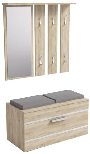 ADGO hallmöbel-set, garderob, speglar och klädhängare och skoskåp, hallgarderober, kompakt garderob för din entré (hall-set, Sonoma-ek) (levereras i 2 förpackningar)