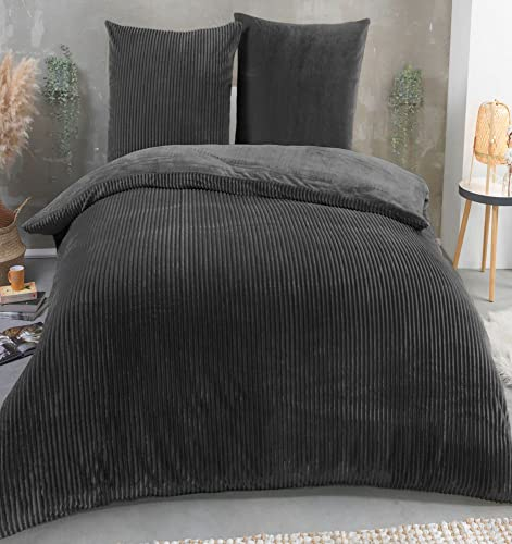 Kuscheli® Winter Wende Plüsch Bettwäsche 200x200 mit 2X Kissenbezug 80x80 Cashmere-Touch Coral Fleece Deckenbezug (200x200 + 2X 80x80, grau)