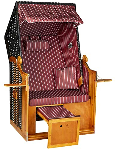 intergrill Strandschönheiten AVA Strandkorb Ostsee | 1-Sitzer Liege Vollholzfront Burgund Weiß gestreift | Für Balkon Terrasse Garten Wintergarten