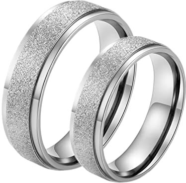 Bishilin Partnerringe Edelstahl mit Gravur, Bandring 6MM Silber Ring Matt Damen Gr.52 (16.6) + Herren Gr.60 (19.1), Verlobungsringe Paar Ringe für Sie und Ihn