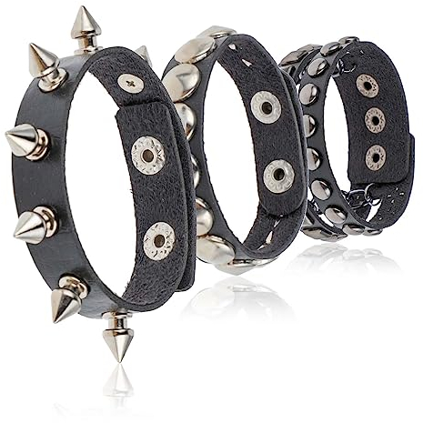 DIVINA VITAE 3 Stück Nietenarmband Schwarze Leder Punk Armband mit Nieten Nietenmanschette Verstellbare Punk Rock Armbänder mit Metallnieten Halloween Party Punk Zubehör für Herren Damen