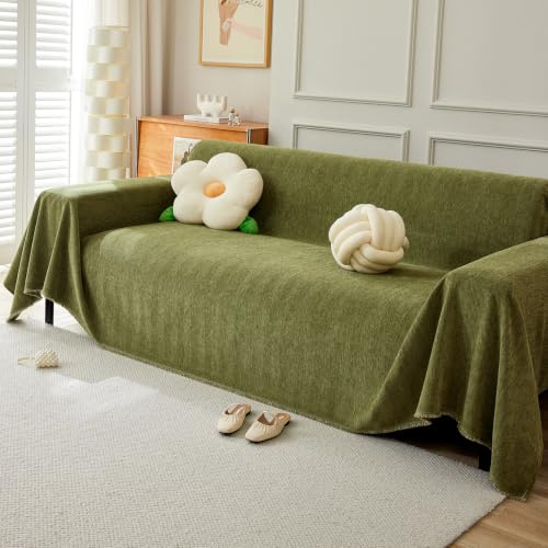 VanderHOME Multifunktionaler Sofabezug, Dekorativer Sofabezug, Wendbare Sofadecke mit Fransen 230 * 380cm-Matcha Grün