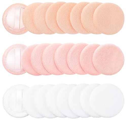 Dimeho 24Pcs Loose Powder Make Up Puffs Cottons Puff Pads with Ribbon Round Face Cosmetic Puffs for Loose and Foundation Cosmetics Sponge Applicators for Make Up Concealer (White, Flesh, Pink