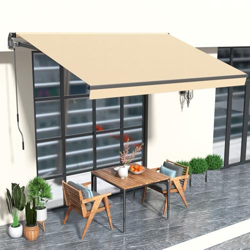 HOMEDEMO 10x8 Retractable Awning for Patio, Manual Awnings, Sunshade Shelter Crank Handle, UV & Water-Resistant Polyester Cover and Aluminum Frame for Outdoor Deck, Balcony, Yard, Beige
