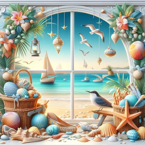 QINRUBB DIY Strand Diamond Painting Erwachsene, 5D Muschel Diamant Painting Bilder Anfänger, Meerblick Runder Vollbohrer Diamanten Malerei Stickerei Kreuzstich Geschenke Home Wand Dekor 30x30cm