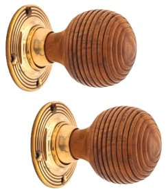 Infinity Decor Pair of Rosewood Beehive Rim Door Knobs with Aged Brass Rose Plate Set 55mm - Door Handles Ideal for Internal & External Doors