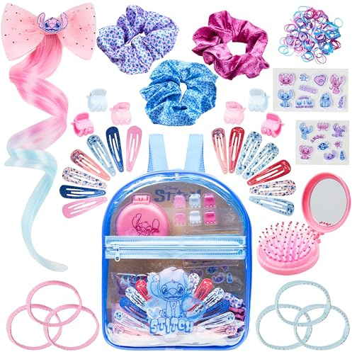 Get Trend Disney Stitch Coffret Accessoires Cheveux Fille avec Sac à Dos Transparent, Barrettes, Stickers, Brosse Pliable, Chouchous, Cadeau Enfant ( Bleu Stitch)