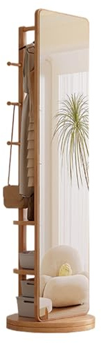 Full Length Mirrors with Coat Rack, 360° Rotating Solid Wood Floor Mirror with 6 Hooks and Storage Shelves, Full Body Mirror for Bedroom, Living Room