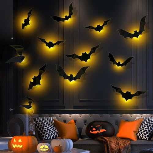 Halloween Deko Innen Fledermaus, 12 Stück 3D Groß Fledermaus Deko Mit LED, Halloween Deko Outdoor Indoor, Helloween Deko Set Für Fenster Tür, Wandaufkleber Helloween Dekoration Party Deko (Warm)