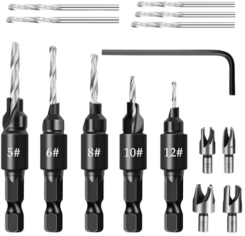 GOEDCH Juego de 15 brocas avellanadas para carpintería con broca de madera y tope de profundidad: 4 brocas de espiga, 5 brocas de repuesto, llave Allen, 5 brocas avellanadas, profundidad de corte