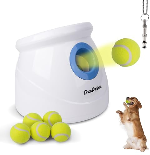 Pet Prime Automatic Ball Launcher for Large Dogs，Adjustable 10-40ft Distance,Rechargeable Dog Ball Thrower with 6 Tennis Balls(2.5) & Training Whistle,Interactive Toy for Indoor/Outdoor Play