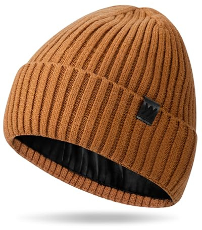 YANIKY Gorro de invierno para hombre y mujer, gorro térmico de punto con forro de vellón, gorro de esquí, gorro de punto con calaveras, gorro con puños para climas fríos, Caramelo, One Size