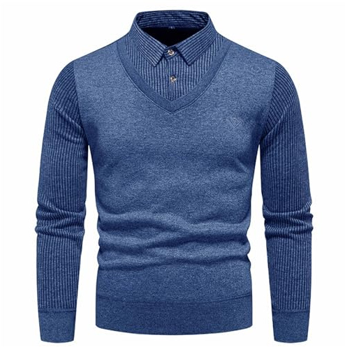 Herrtröja med fuskskjorta krage – 2-i-1 Slim Fit V-ringad stickad tröja, vinter varm långärmad ledig cardigan tröja, skjorta krage rock pullover för män, Marinblått Xsp, 3XL