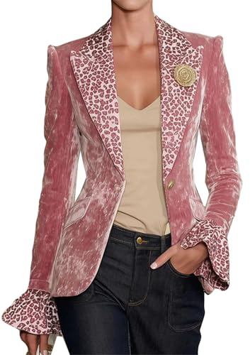 Women's Long Puff Sleeve Lapel V Neck Button Leopard Printed Velvet Coats Blazer Jackets