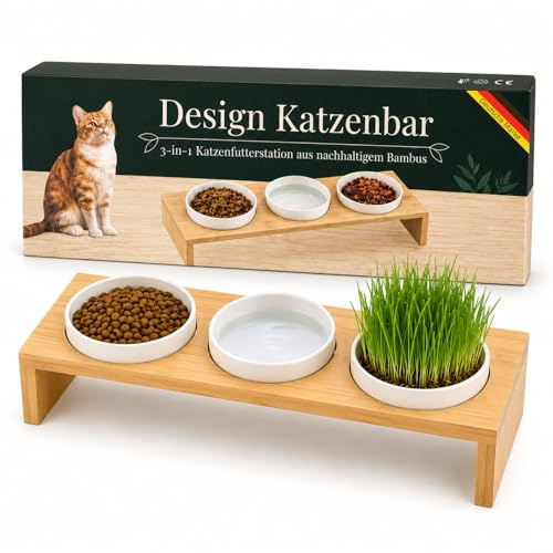 Glücksmoment Katzennapf Erhöht – Futterstation Katze aus Bambus mit 3 Schalen, Futternapf Katze Erhöht für Wasser, Futter & Katzengras, Katzennapf Holz, Futterbar Katze, Napferhöhung Katzen