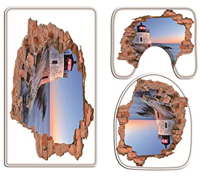 A.Monamour Badezimmer Badematte 3 Teilig Set Leuchtturm Küste Strand Landschaft Durch Loch Aus Ziegeln Flanell WC Toilette Deckel Deckt Bad Matte Teppich Badteppiche Badvorleger Badgarnitur Vorleger