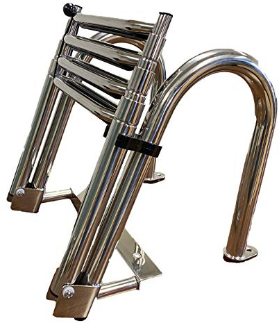 Class A Customs 4 Step Pontoon Boat Ladder, Foldable Premium 304 Stainless Steel Marine Yacht Ladder/Swim Deck Ladder with Pedal Hand Railing,Slip-Proof Plastic Tread, Retaining Strap