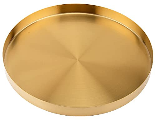 Plateau de service rond en métal doré de 35,6 cm, finition miroir, plateau de service avec paroi de 2,5 cm, plateau de table circulaire en laiton, magnifique plateau de bar, plateau pour bouteilles de