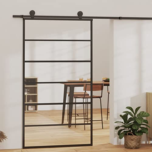 Gecheer Schiebetür Glastür Rostfrei Glasschiebetür Glastür Tür Schiebetürsystem Schiebetürbeschlag ESG-Glas und Aluminium 102x205 cm Schwarz