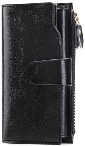 SENDEFN Monedero para Damas, Cartera de Piel Auténtica de Gran Capacidad para Mujer con Múltiples Ranuras para Tarjetas, Negro clásico., Moderno
