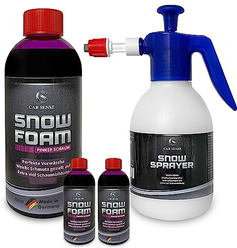 Car Sense Snow Foam pinker Schaum 3x0,5L und Car Sense Snow Sprayer Pumpflasche I gründlicher Auto Schaumreiniger I Perfekt geeignet für eine effektive Vorwäsche, dichter gut riechender Schaum