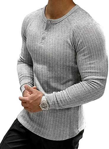 Muscle Cmdr Men's Ribbed Henley Shirt Slim Fit Muscle Shirt Fitted Cotton Short & Long Sleeve Casual T-Shirt
