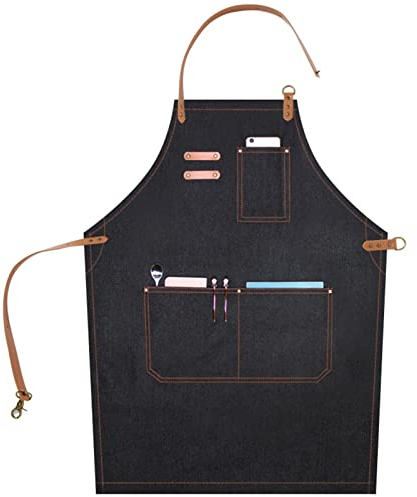 ECOLFE Schürzen für Männer, Arbeitsschürze, Segeltuchschürze, Werkstatt-Werkzeugschürze mit verstellbaren Trägern for Friseur, Küche, Gärtner, Café (Farbe: Blau, Größe: XL)(Color:Black)