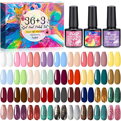 Purpledi UV Gel Nagellack Set, UV Nagellac, 39 Stück Gel Nagellack UV Farbgel Set, mit Unterlack & Glitzer Überlack & Matte Überlack