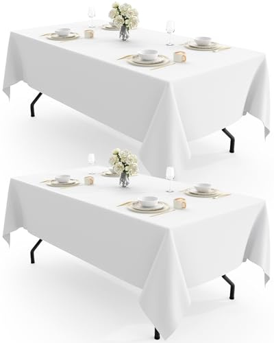Pureegg Nappe Rectangulaire – Lot de 2, Nappe de Table Blanche Tissu, Lavable et Réutilisable en Polyester, pour Salle à Manger, Mariage, Restaurant, Fête, 140×240cm