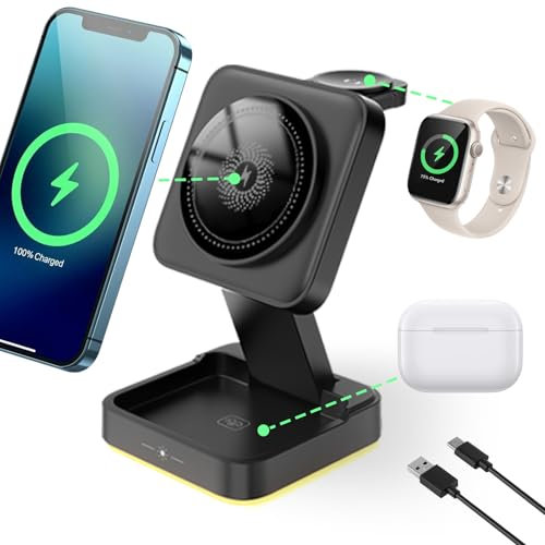 Base de Charge sans Fil 4 en 1 - Charge Rapide 15W, Compatible Téléphone/Montre/Écouteurs, Support Pliable avec Aimant et Protection Anti-Surchauffe