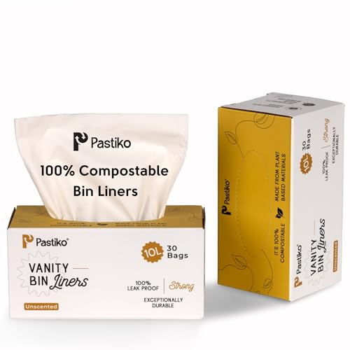 Pastiko 100% Compostable Biodegradable Vanity 10L Small Bin Bags 30 Bin Liners Plant Based Extra Thick Leak Proof TUV Austria OK Home and Industrial Compostable Strong Rubbish Bags