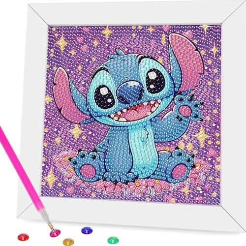 5D Stitch diamantmålning, barn med ram, söt gör-det-själv diamant mosaik-set för nybörjare, väggdekoration för barnrum, kreativ flicka gåva, födelsedagspresent med presentask, 15 x 15 cm