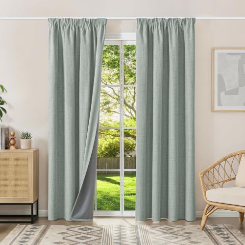 Runyéla 100% Verdunklungsvorhänge Thermovorhänge Kälteschutz Gardinen mit Kräuselband 200 x 140 cm (HxB) 2er Set Leinenoptik Vorhänge Blickdicht Salbeigrün, Schiebegardinen Wohnzimmer Curtain